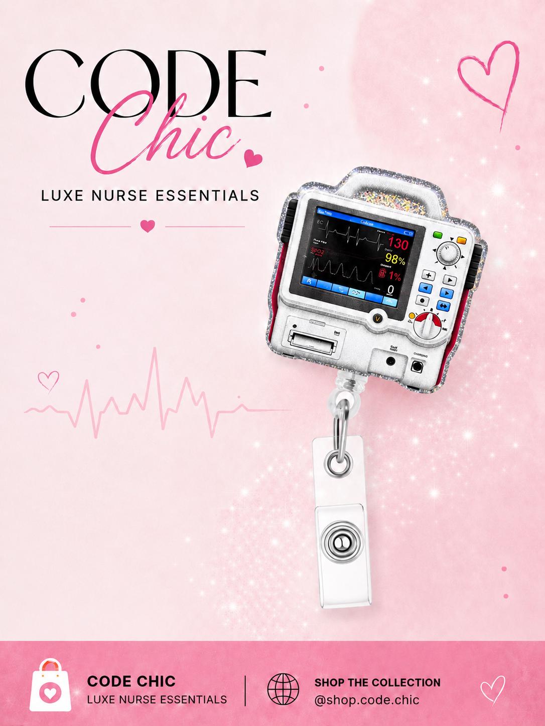Glitter Defibrillator Badge Reel | Retractable ID Holder for Nurses