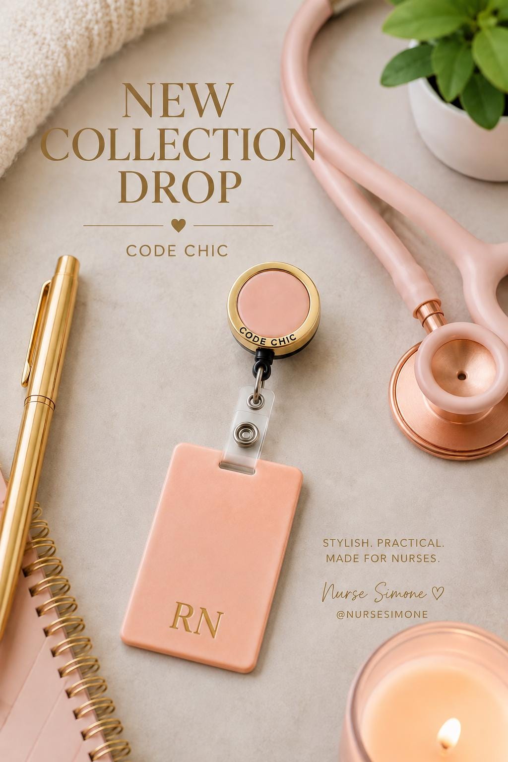 Blush Pink RN Badge Reel with Gold Hardware, Luxury Nurse Accessories