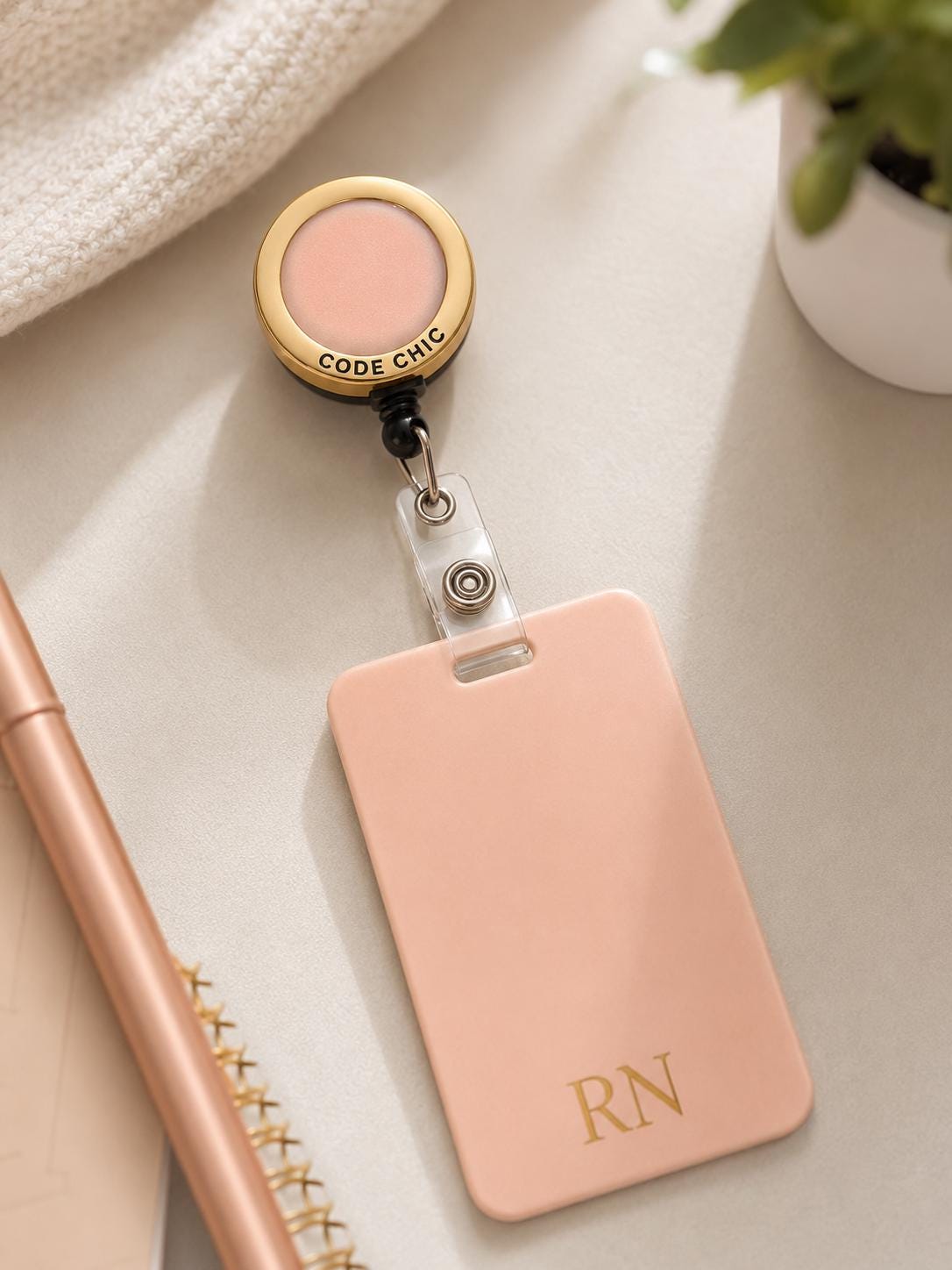 Blush Pink RN Badge Reel with Gold Hardware, Luxury Nurse Accessories