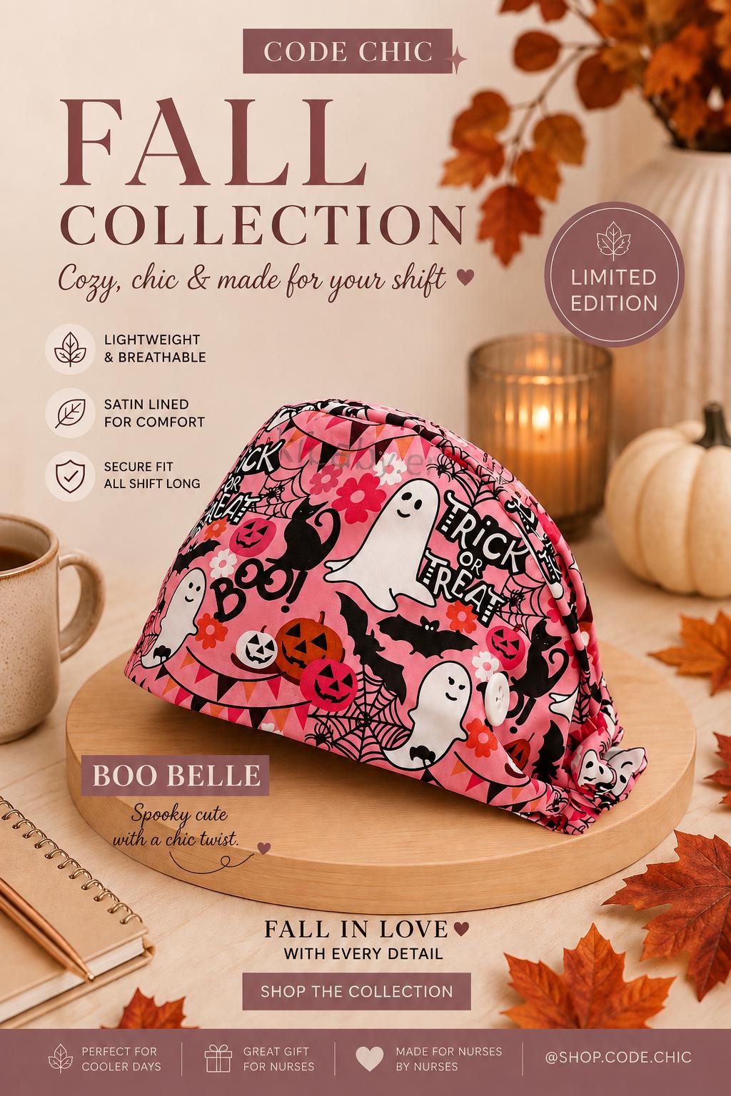 Boo Belle | Fall Collection | Satin lined | Adjustable Tie Back Scrub Cap | Gift for Nurses
