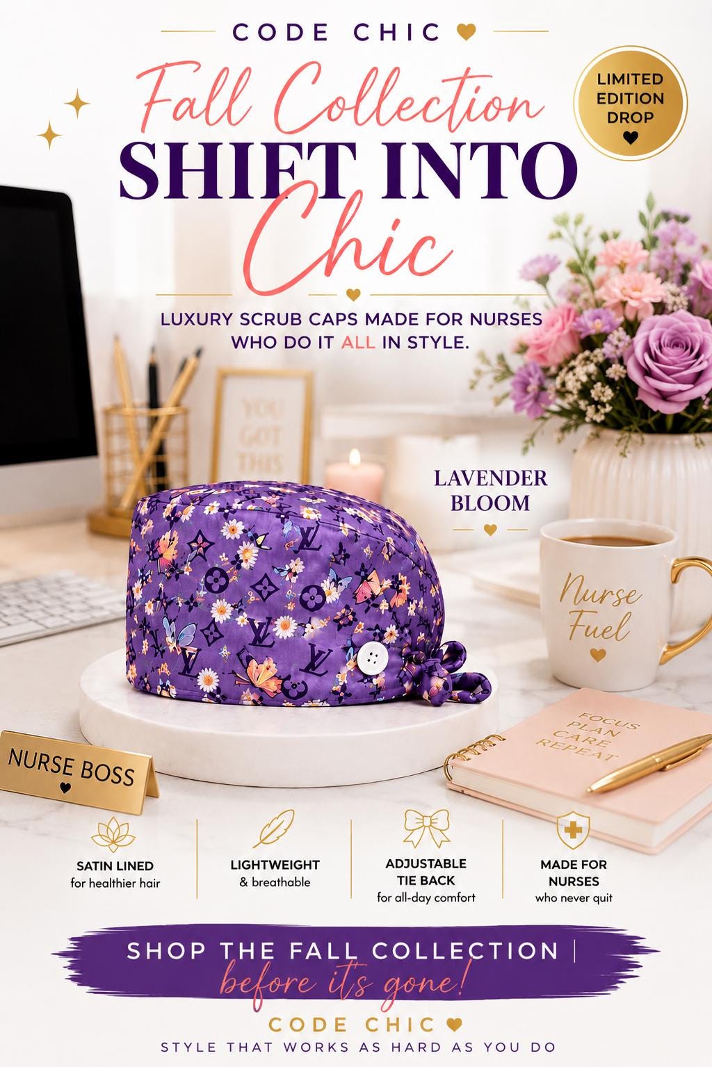 Lavender Bloom | Fall Collection | Satin lined | Adjustable Tie Back Scrub Cap | Gift for Nurses